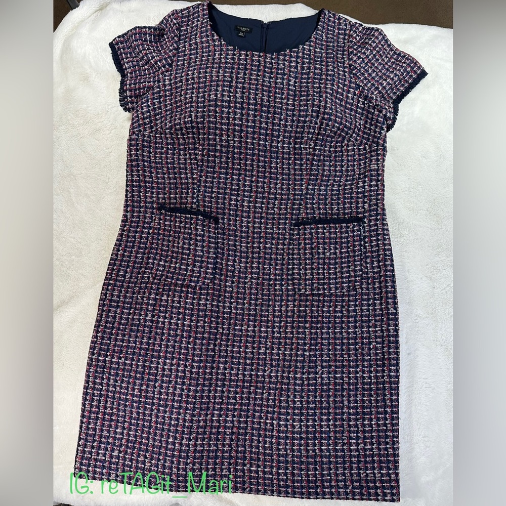 Talbots Blue Red Sliver Tweed Sheath front pocket vintage Dress